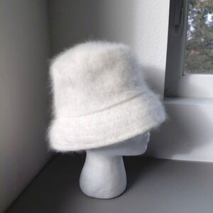 Snow White Fuzzy Angora Bucket Hat One Size Knit Hip Hop Winter Warm Preppy Chic